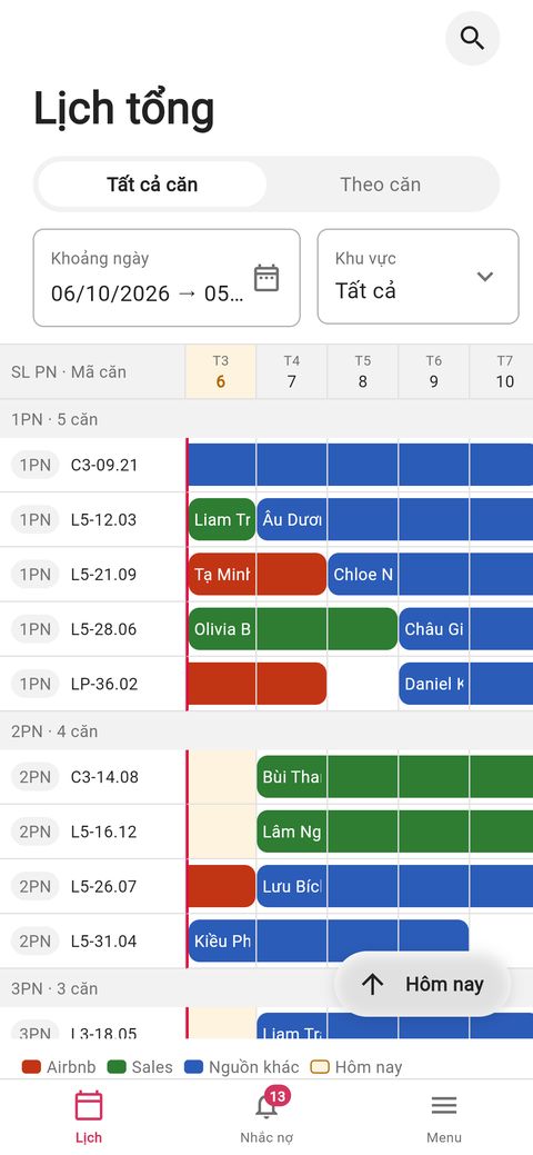 Lịch căn hộ trên app nhân viên SinHouse